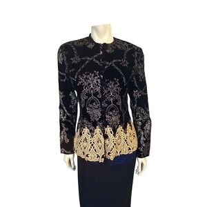 Vintage Scott McClintock Black Velvet Damask Evening Jacket Gold Lace Trim 10